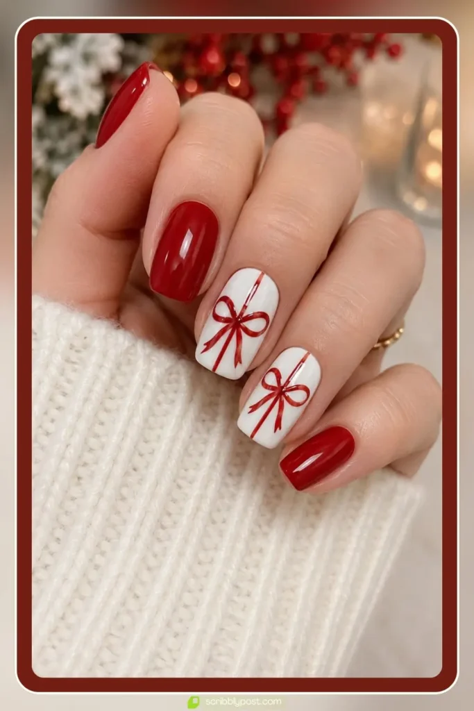 Bow Nail Art Designs in Red and White