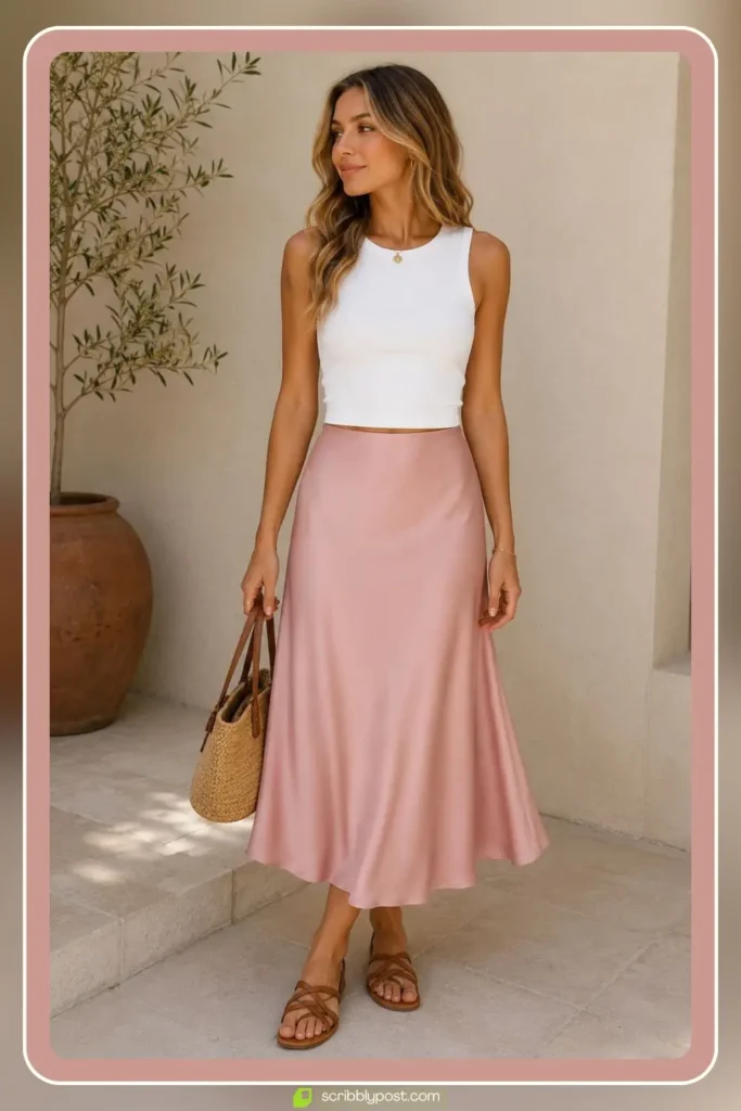 Brunch Outfit Ideas Spring — Satin Midi Skirt with Knit Top