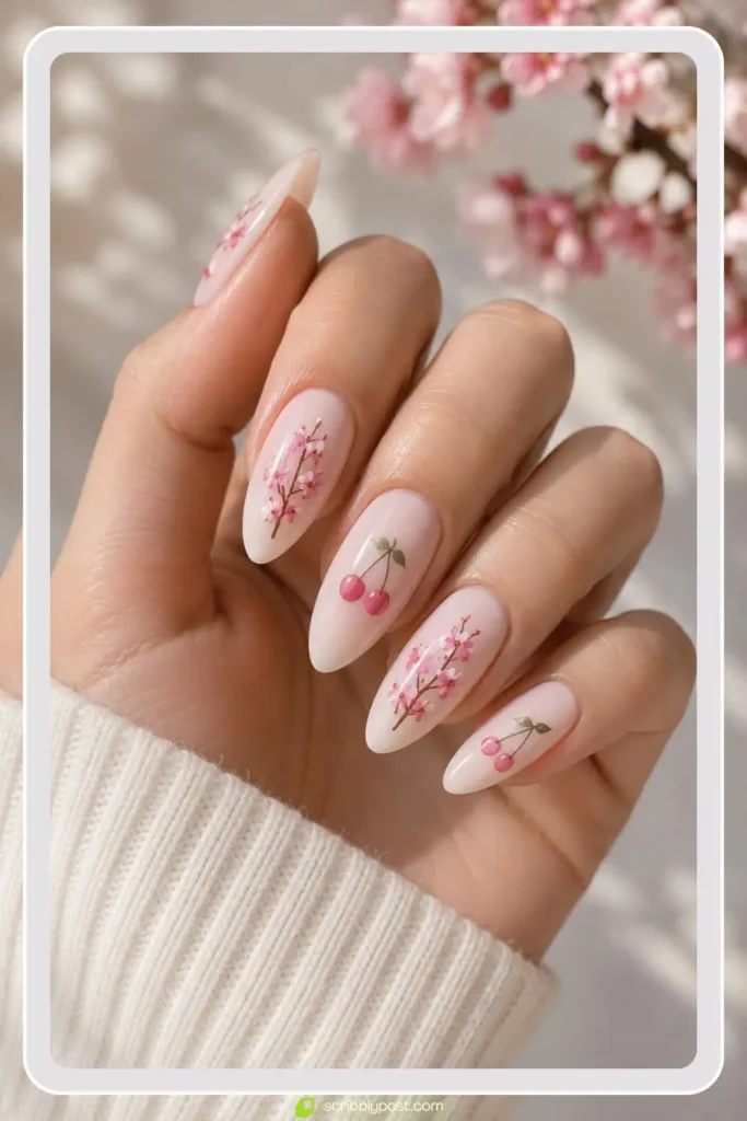 Cherry Blossom and Cherry Combo Nails