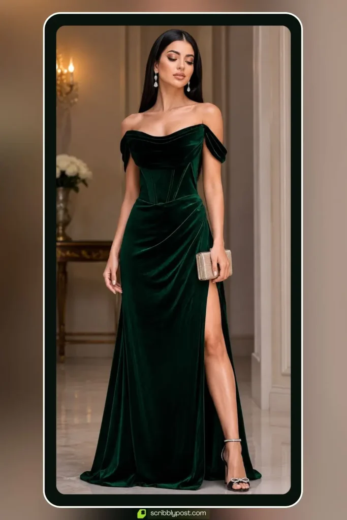 Classy Glamorous Luxury Elegant Dress — Off-Shoulder Velvet Gown