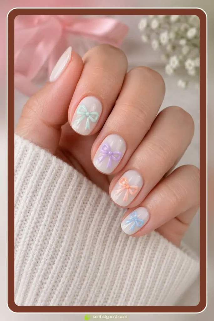 Cute Bow Nail Designs in Pastel Multi-Color