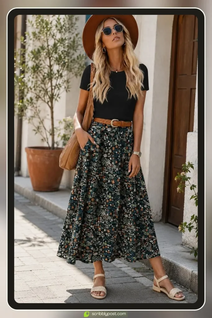 Floral Midi Skirt with Fitted Top