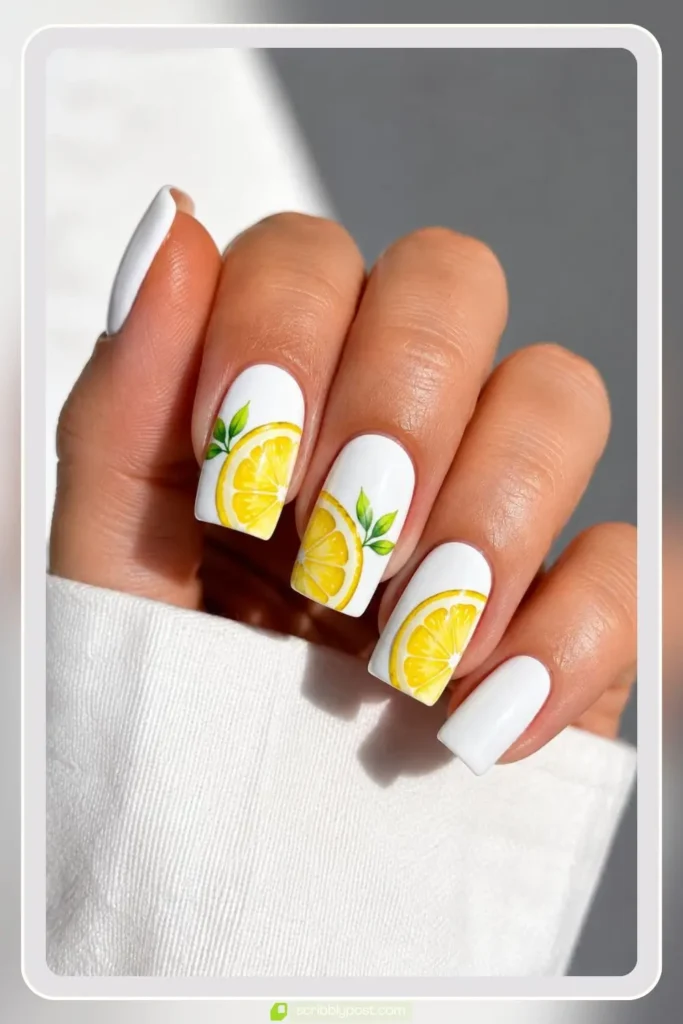 Lemon Slice Nails on White Base