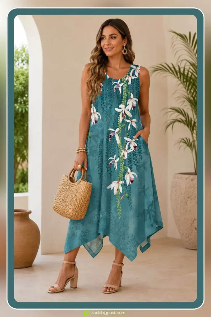 Luxury Fashion Dress — Abstract Print Sculpted Hem Midi