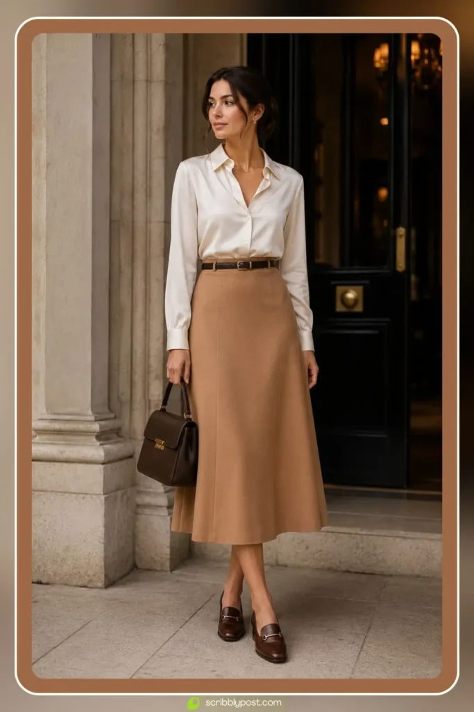 Midi Skirt and Tucked-In Silk Blouse