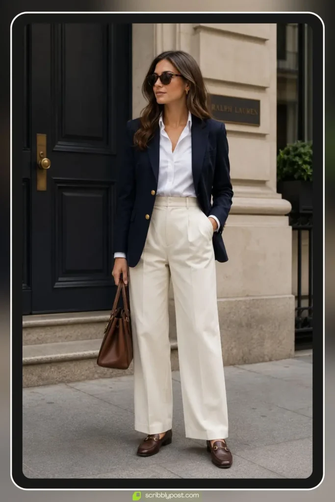 Navy Blazer and Cream Trousers