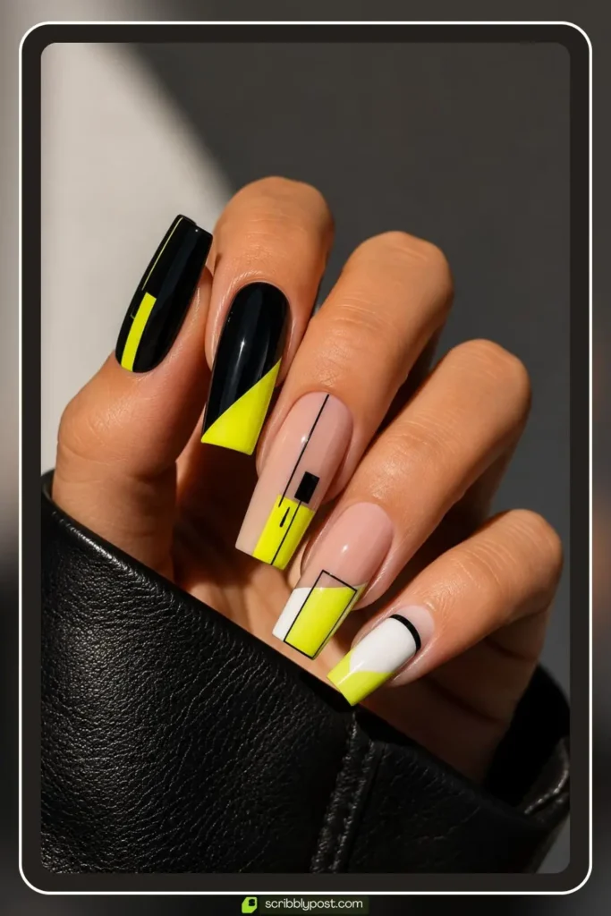 Neon Yellow Nail Art — Geometric Shapes