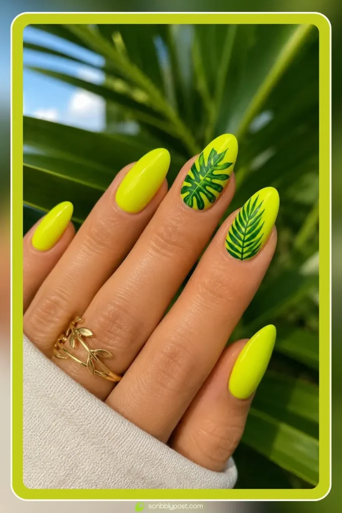 Neon Yellow Nails with Designs — Tropical Leaves