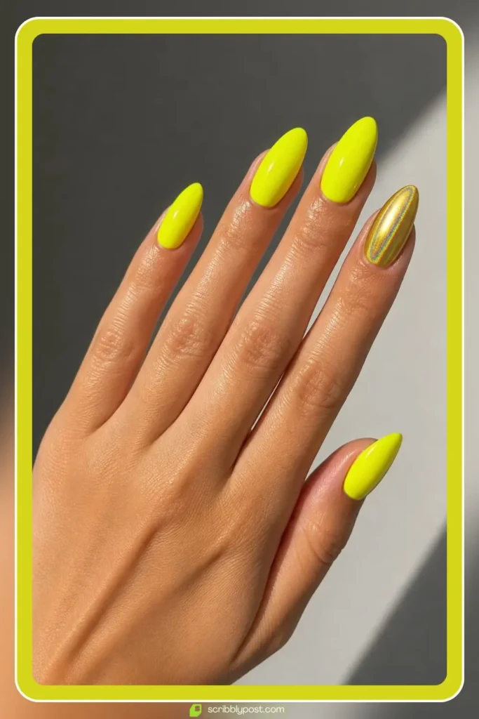 Neon Yellow with Chrome Accent Nail