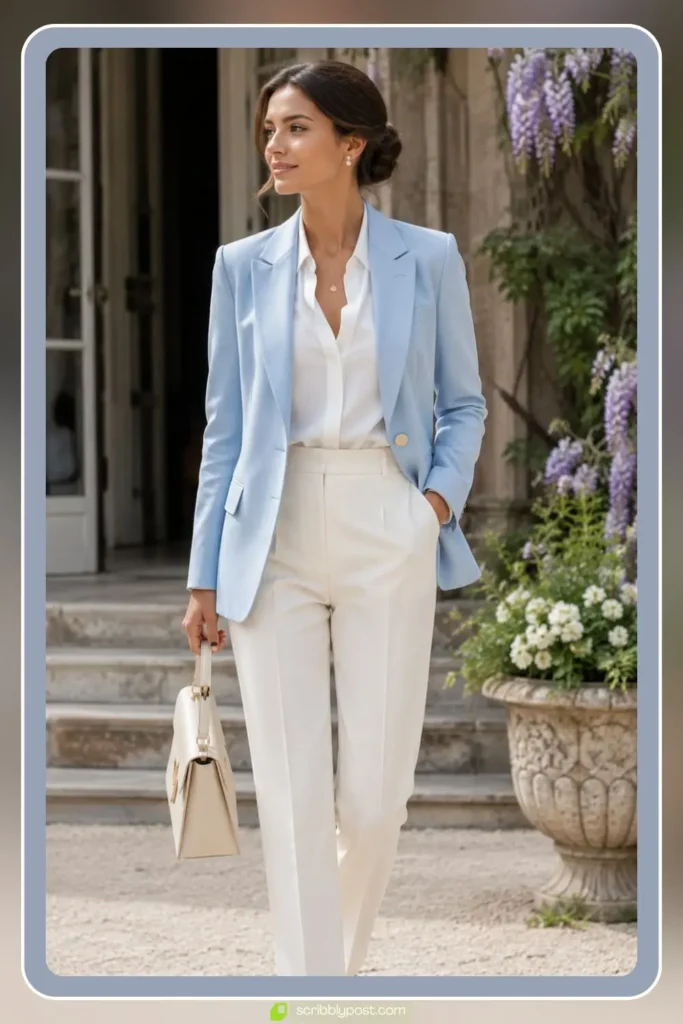 Pastel Blazer and White Trousers