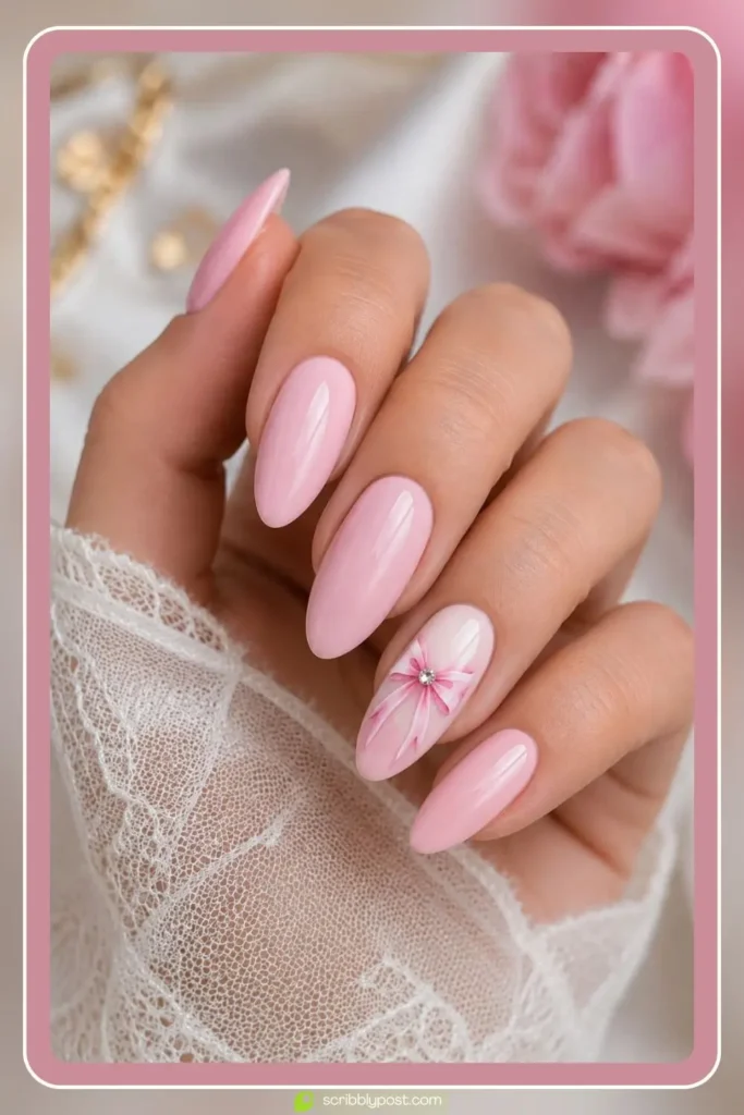 Pink Bow Nail Designs with Rhinestone Center