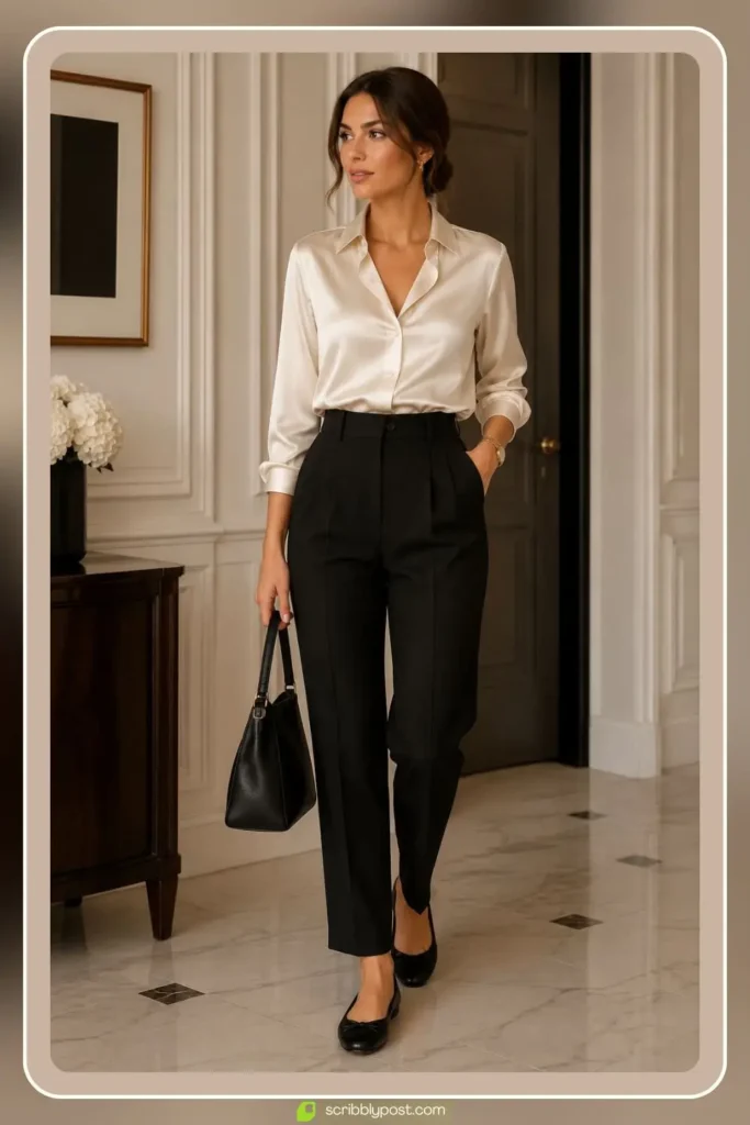 Satin Blouse and High-Waist Trousers