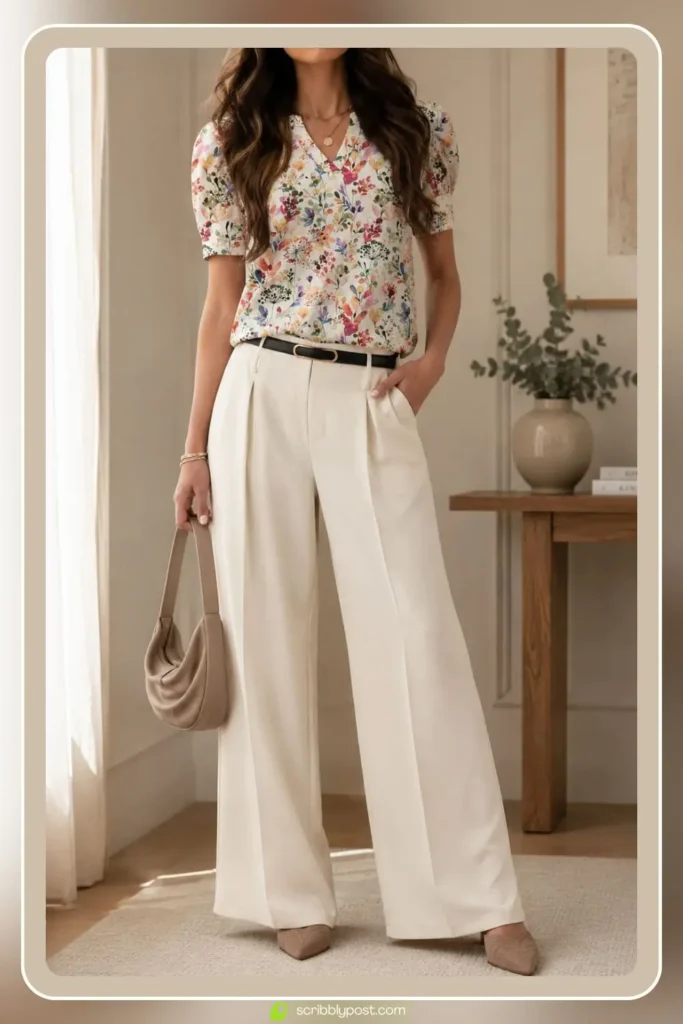 Spring Brunch Outfit Ideas — Tailored Wide-Leg Trousers with Blouse