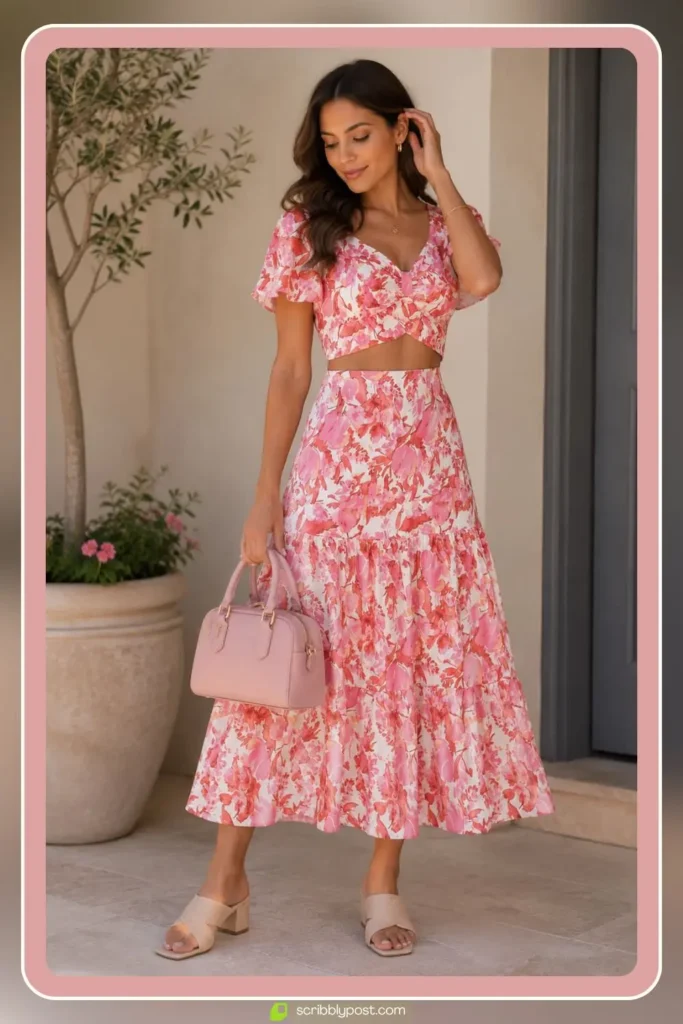 Two-Piece Co-ord Set in a Soft Print for a Tea Party Shower