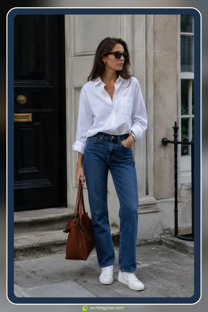 White Button-Down and Straight-Leg Jeans