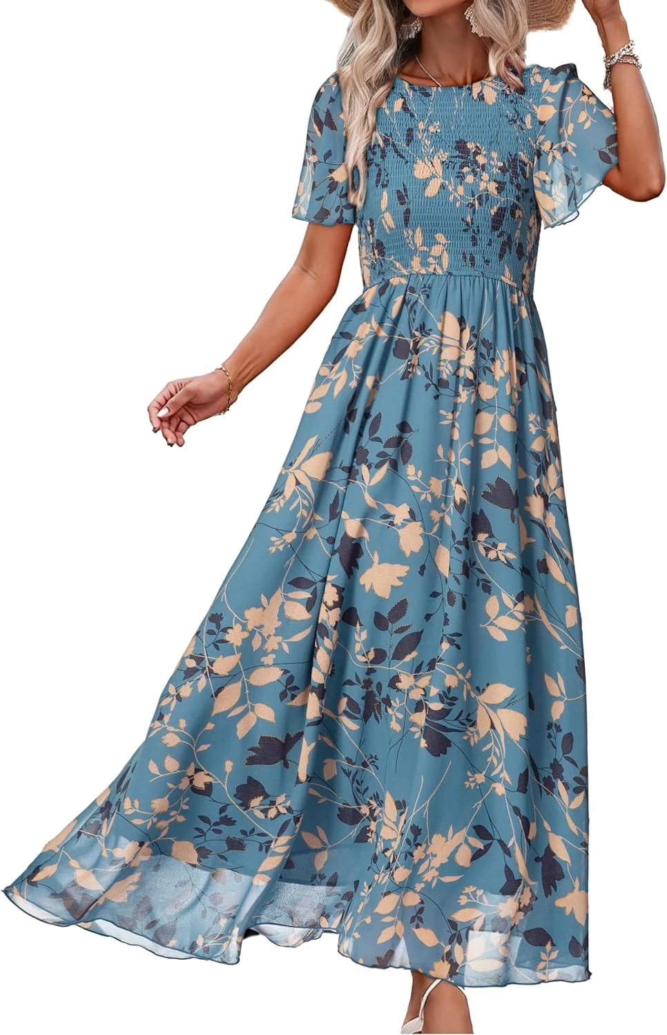 Embroidered Chiffon Flutter Sleeve Maxi Dress