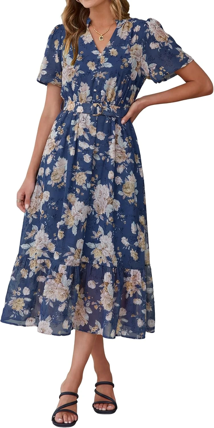 Floral Midi Dress A-Line Chiffon