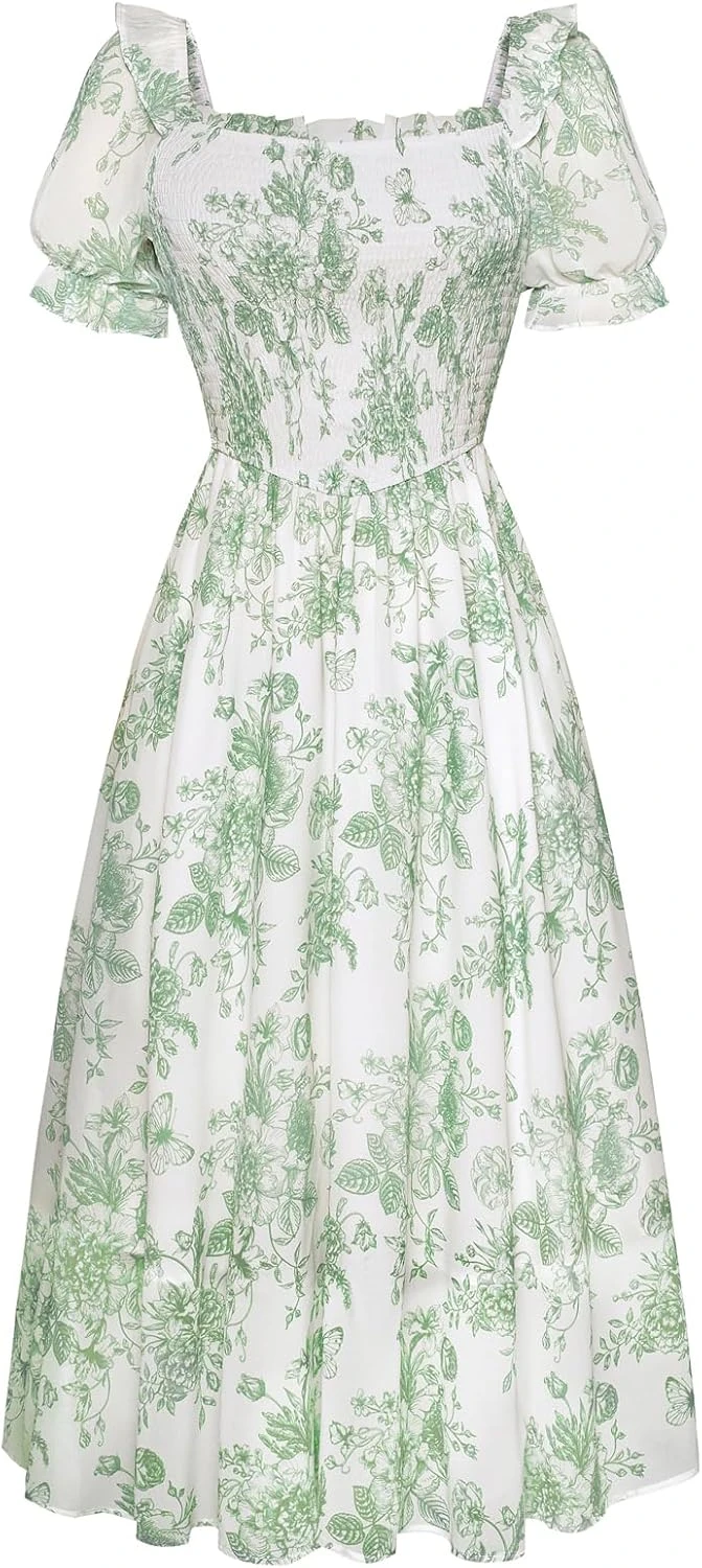 Floral Tea Length Dress Puff Sleeve