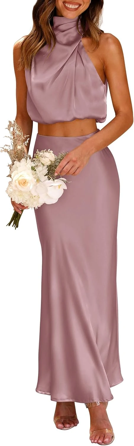 Metallic Crop Top Midi Skirt Set