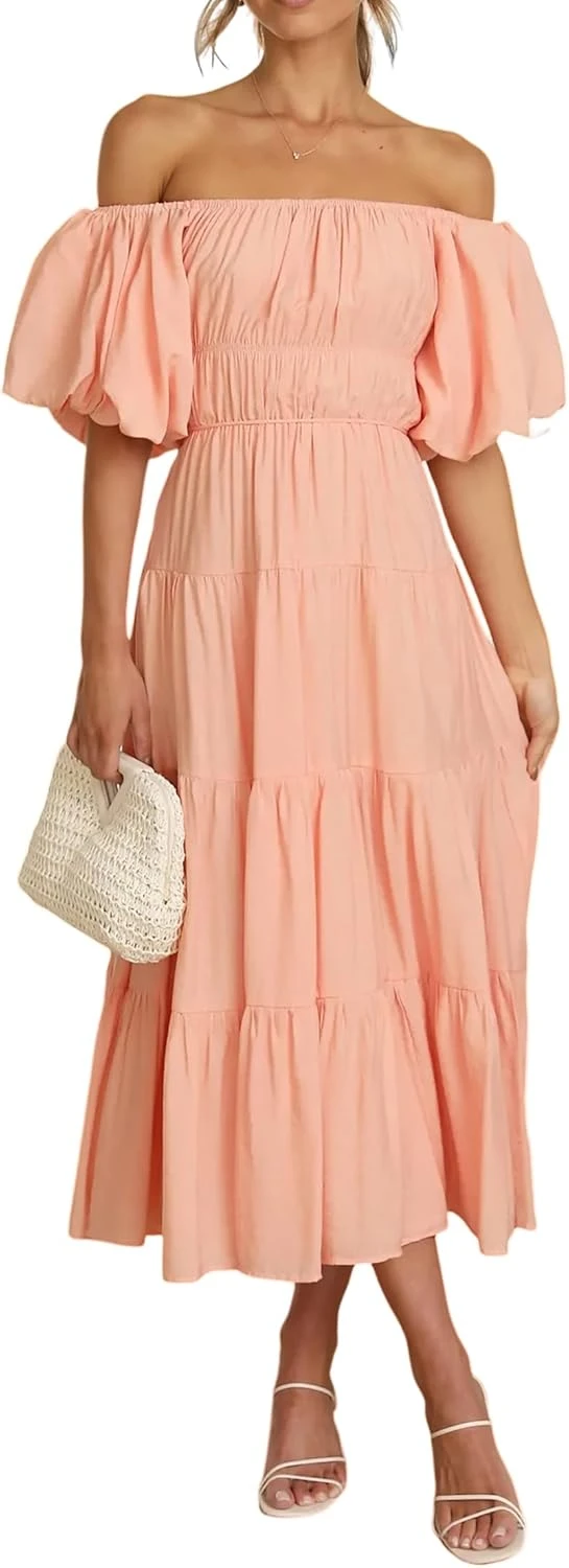 Off Shoulder Puff Sleeve Midi Dress