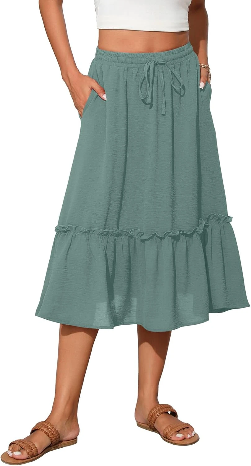 Pleated Midi Skirt Sage Green Flowy