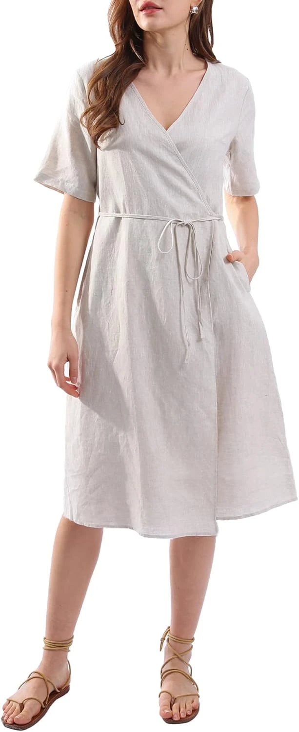 Premium Linen Wrap Midi Dress Summer