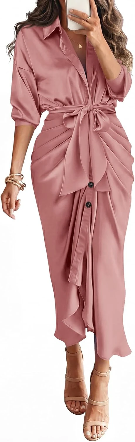 Satin Wrap Midi Dress Blush
