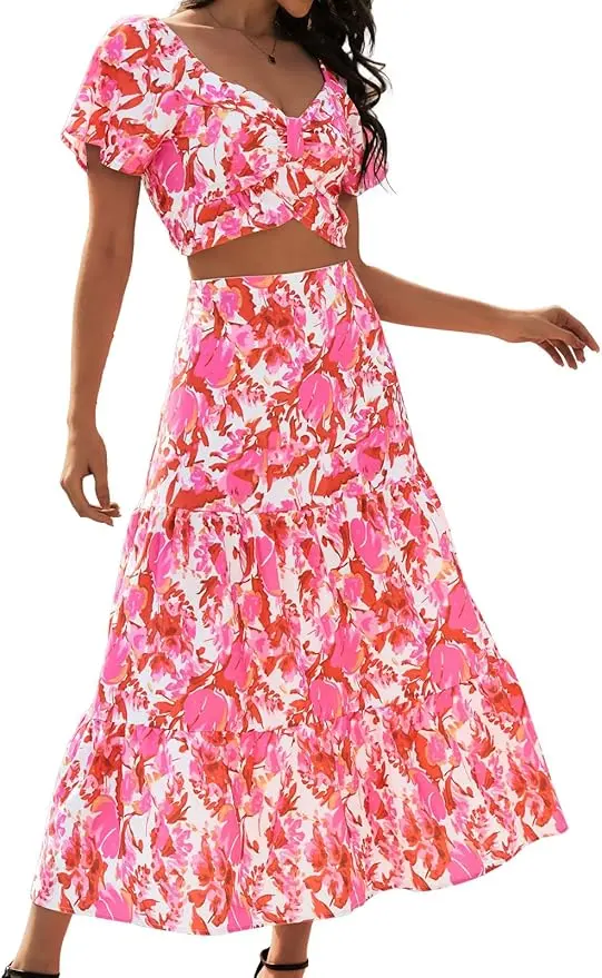 Two Piece Co-Ord Set Floral Midi Skirt