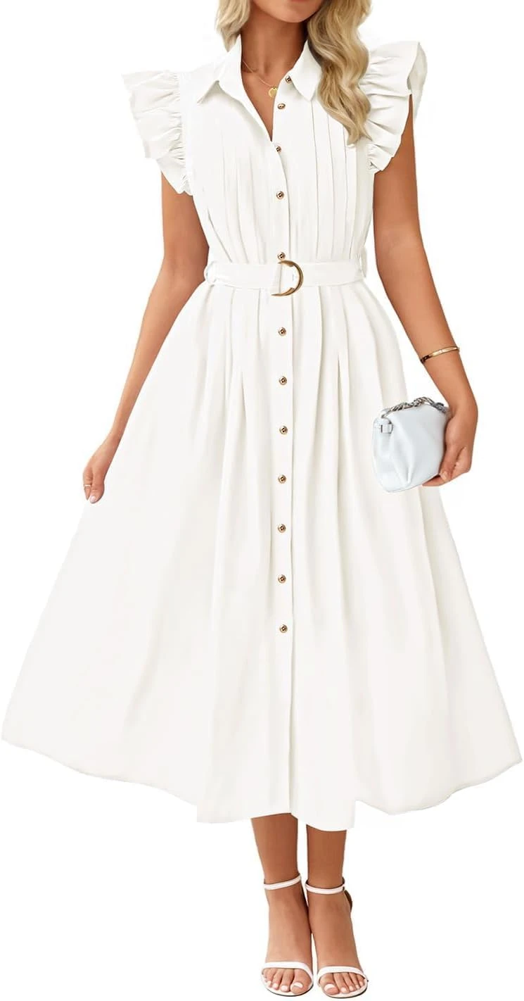 White Linen Shirt Dress Belted Spring