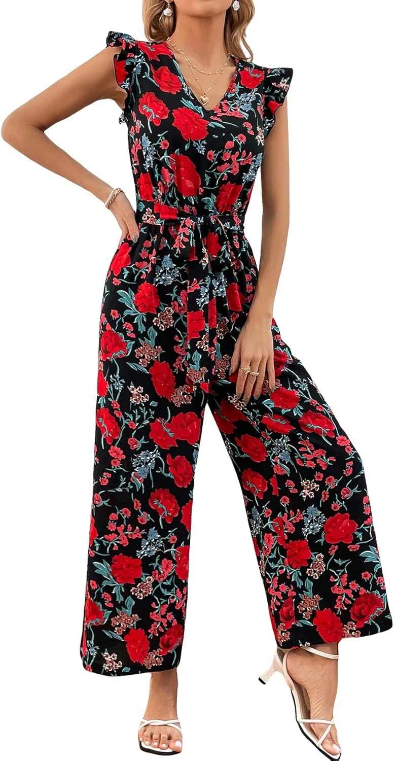 Wide Leg Floral Jumpsuit Belted