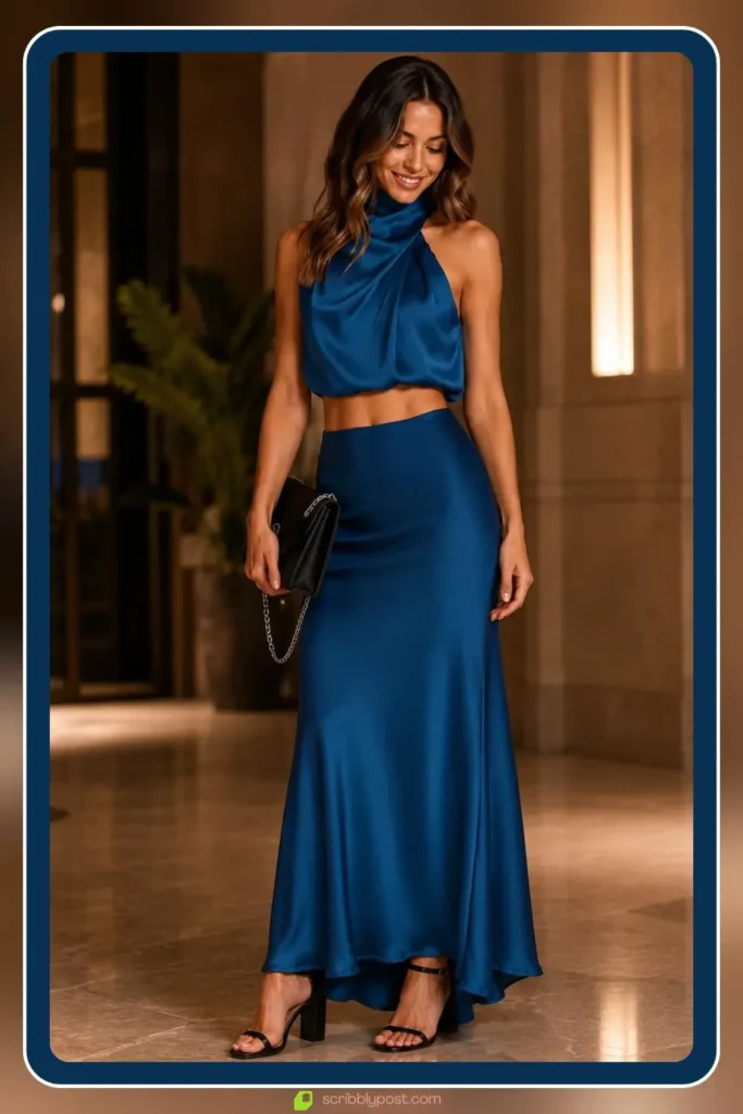 Two-piece satin crop top and mini skirt short homecoming dress set for a fashion-forward hoco look