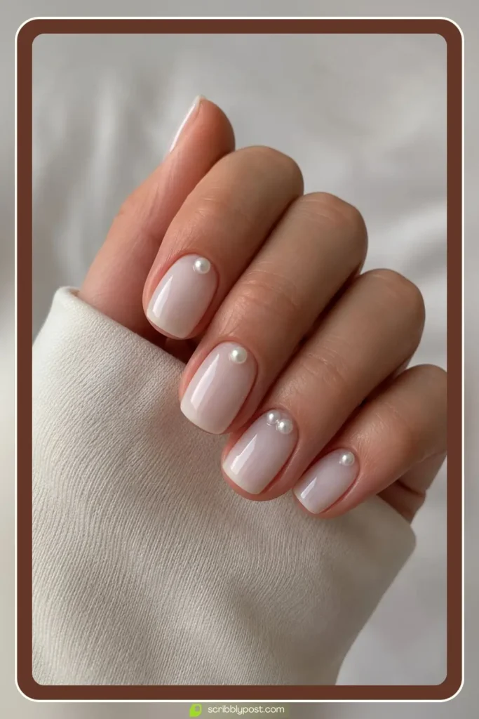 Milky nails with small 3D pearl studs placed near the cuticle as minimal accents