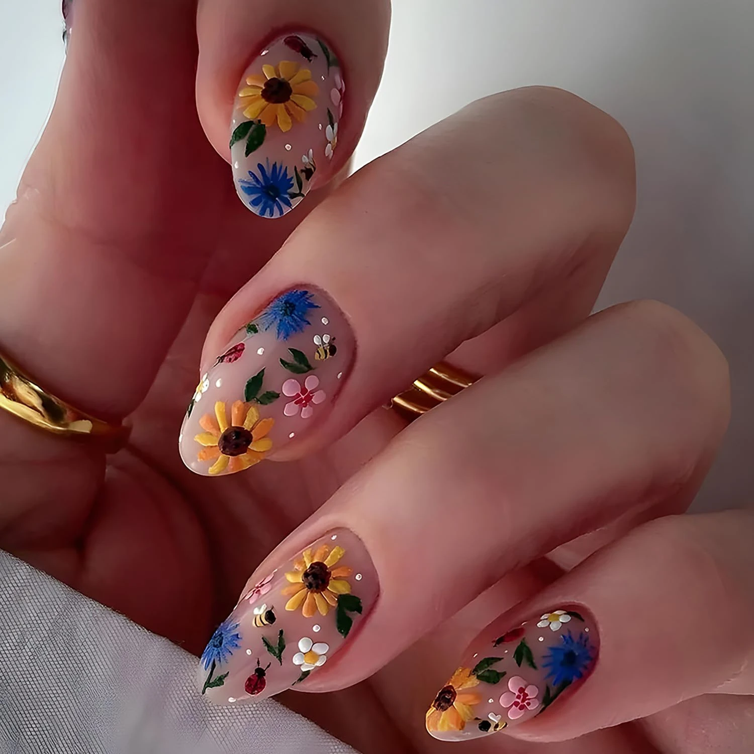 3d Floral Press-On Nails Coffin Shape