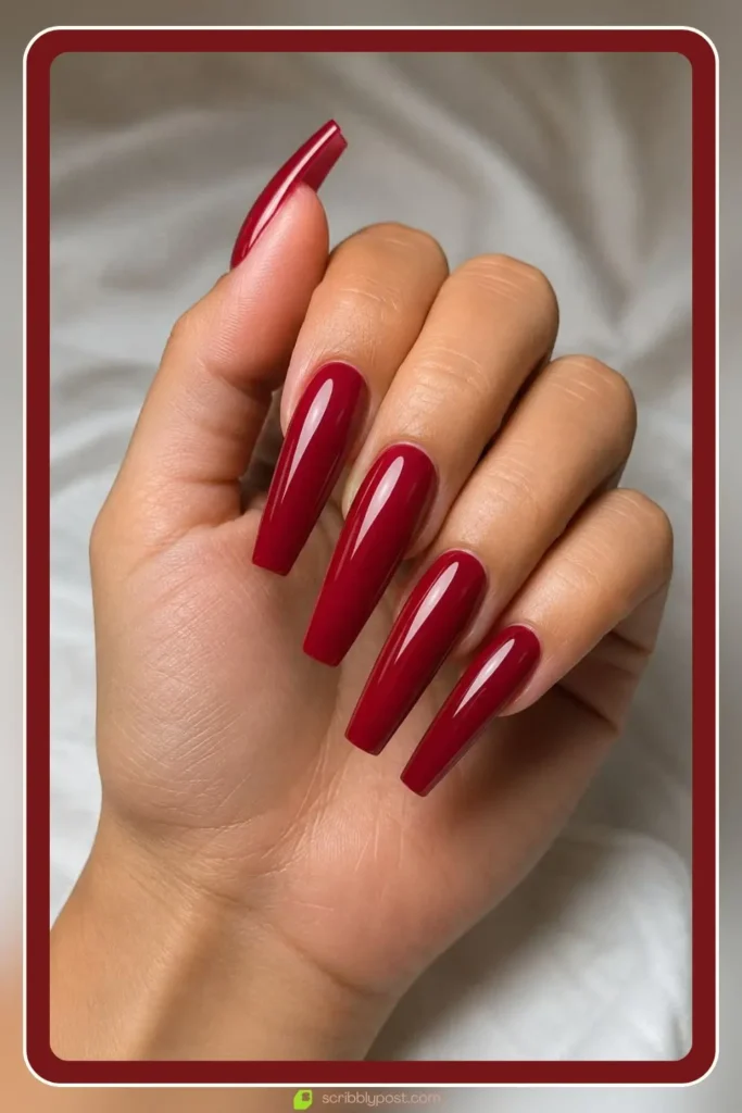 Long glossy acrylic extension nails in solid color, Acrylic Statement Length Design, best nail designs