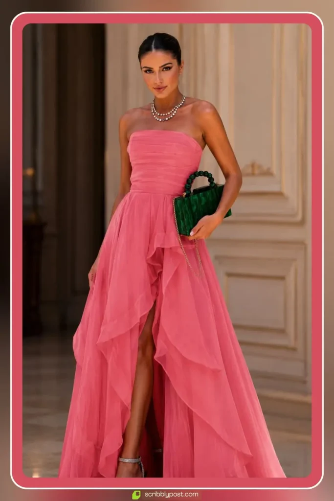 Tulle ball gown prom dress with full princess skirt and fitted bodice for a formal event