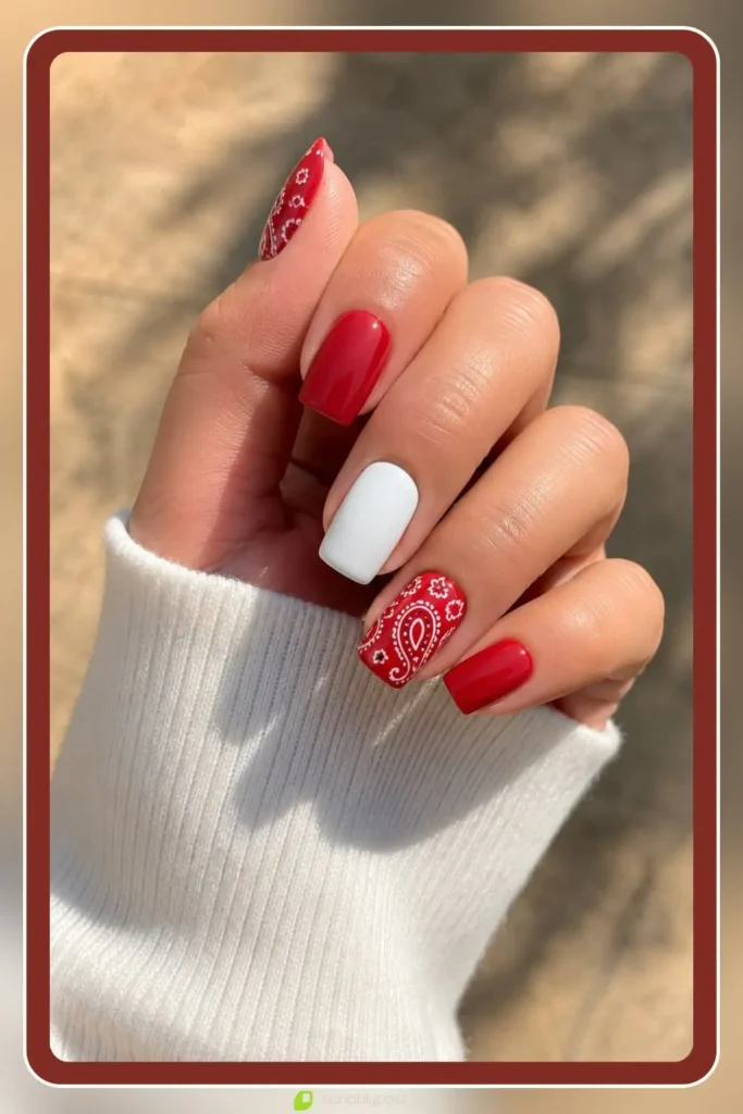 red and white paisley bandana print nail art on medium square accent nails