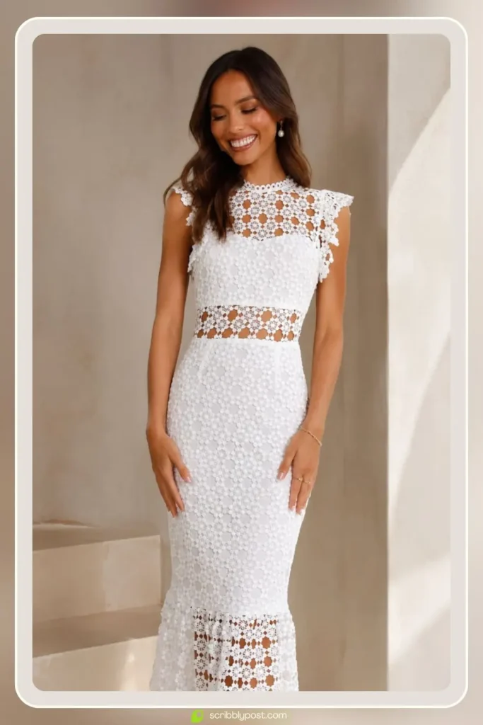 White bardot neckline boho lace midi dress with scalloped edges