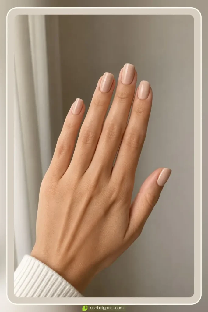Barely there skin tone beige nail polish on short square nails in a clean girl aesthetic