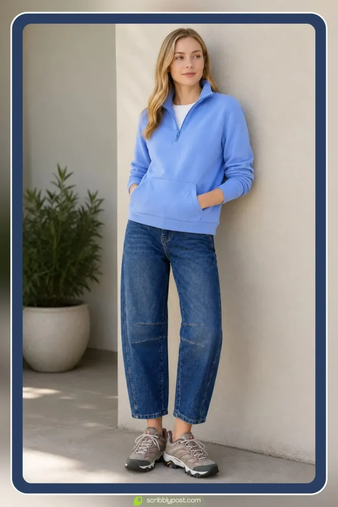 Barrel Jeans with a Quarter-Zip Fleece and Low-Top Hiking Shoes