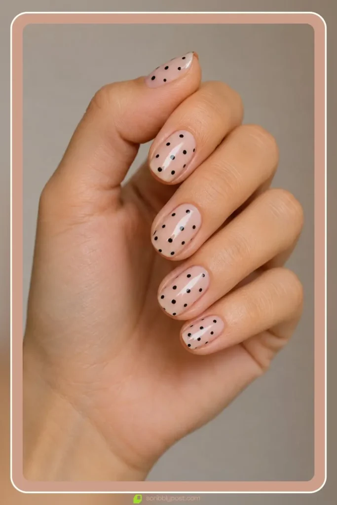 Small polka dots in contrasting polish on neutral base, Beginner Friendly Dot Design, best nail designs