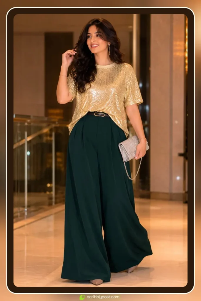 Birthday brunch outfit with sequin top, high waist tailored trousers, and small chain clutch