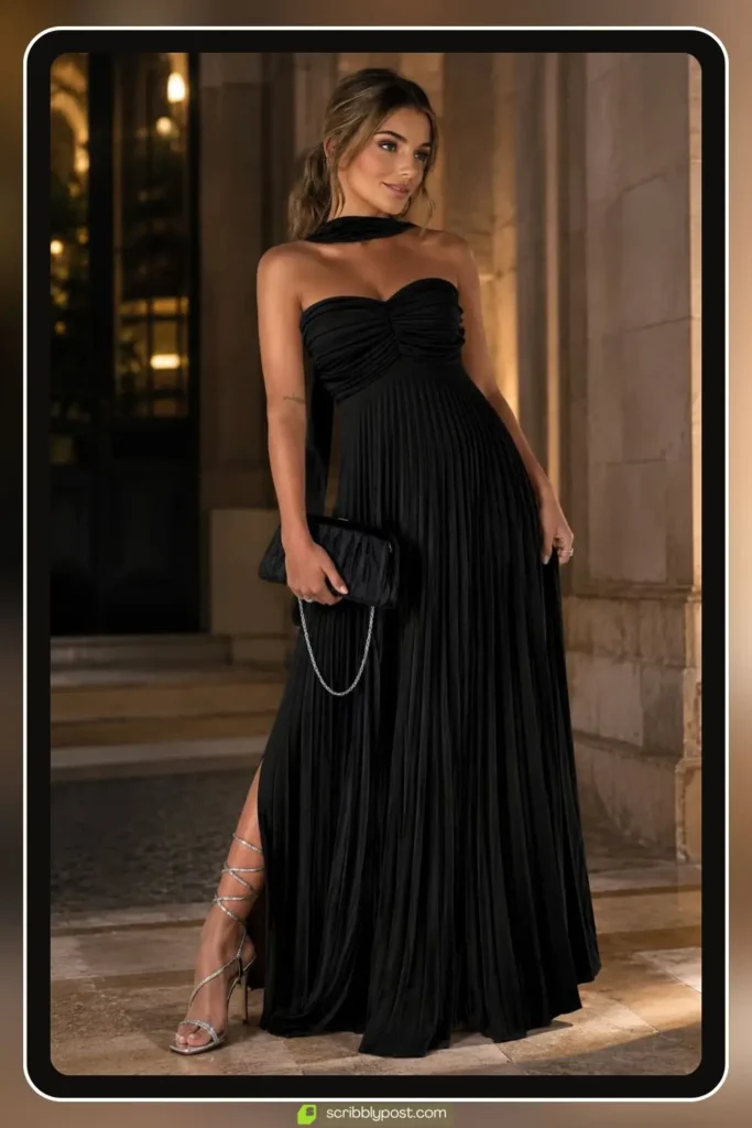 Strapless A-line black prom dress with structured bodice styled for a formal event
