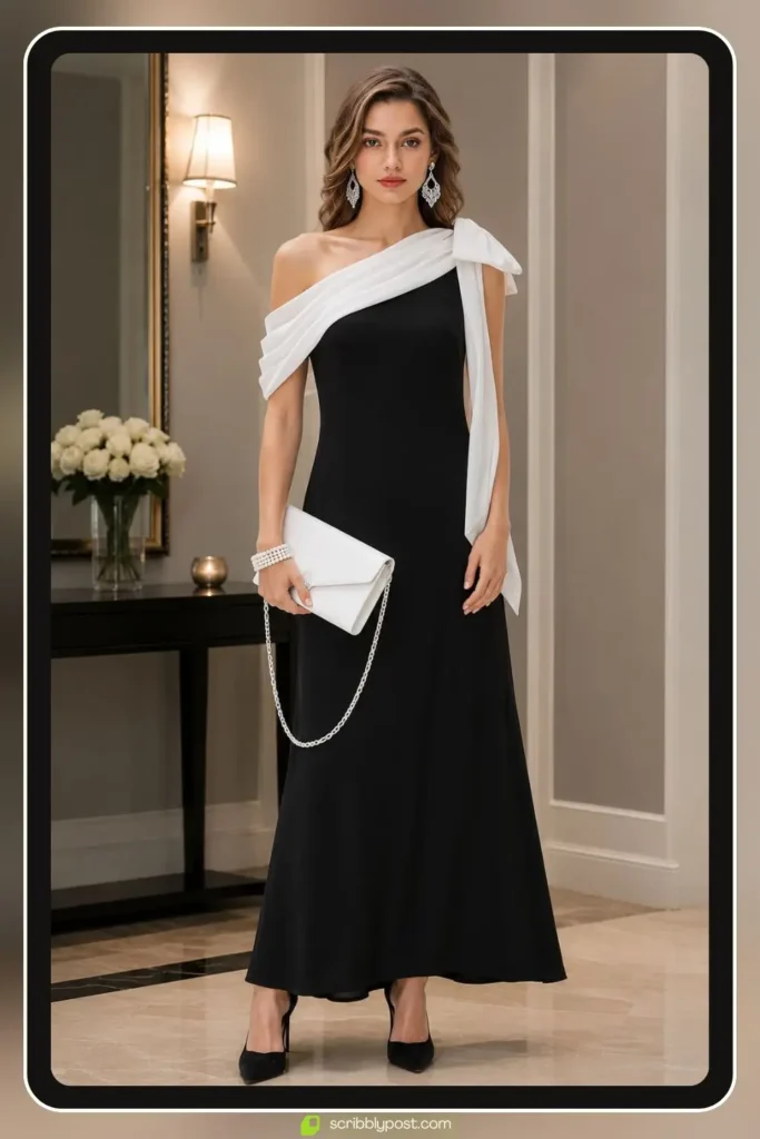 Black gown with white contrast neckline panel styled with silver jewelry for a formal event