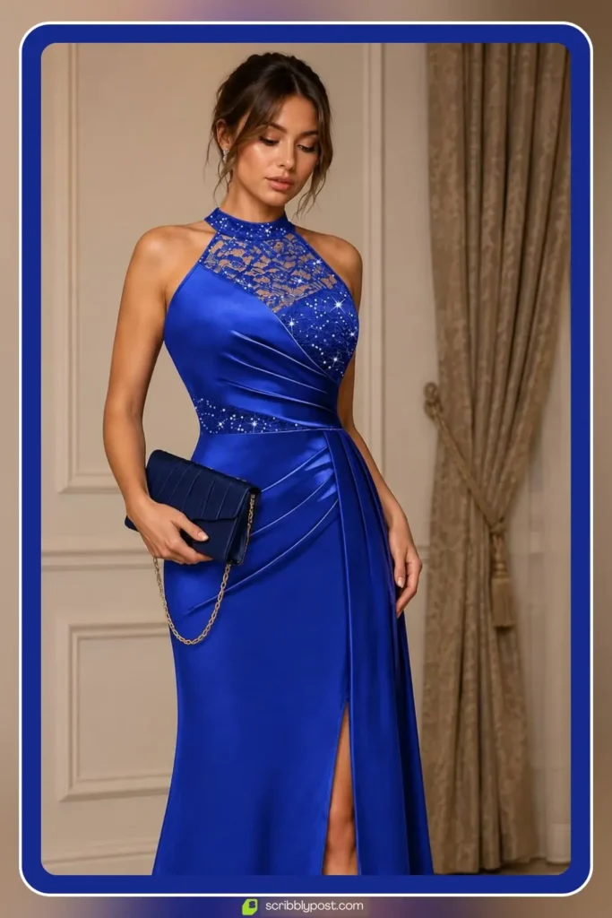 Royal blue A-line satin prom dress with full skirt for a formal prom event