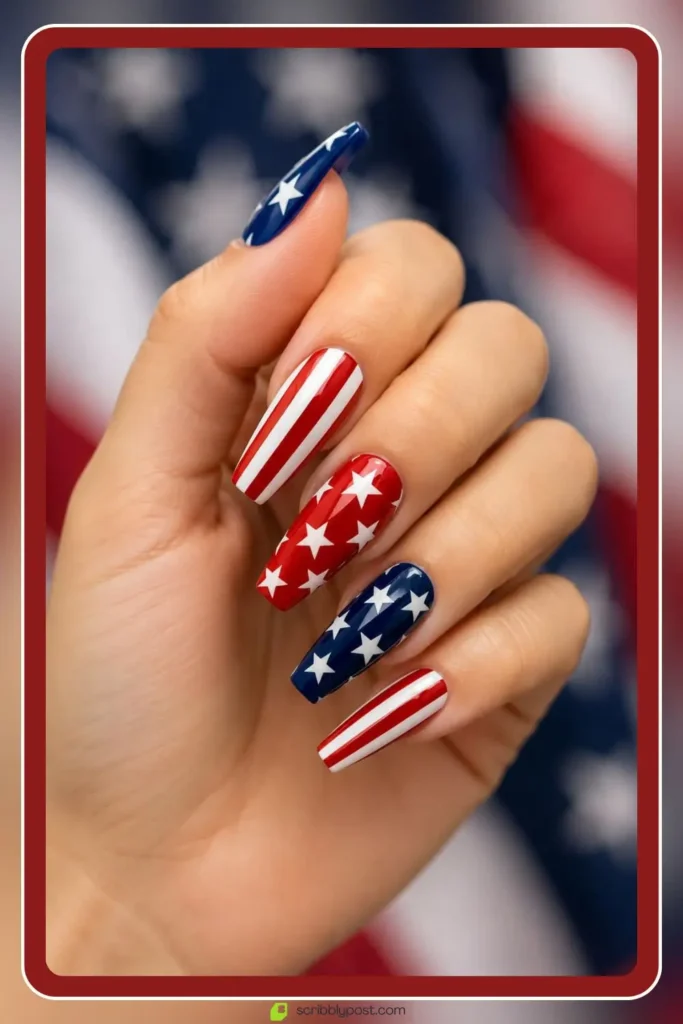 alternating star and stripe nails in red white blue high contrast long coffin length