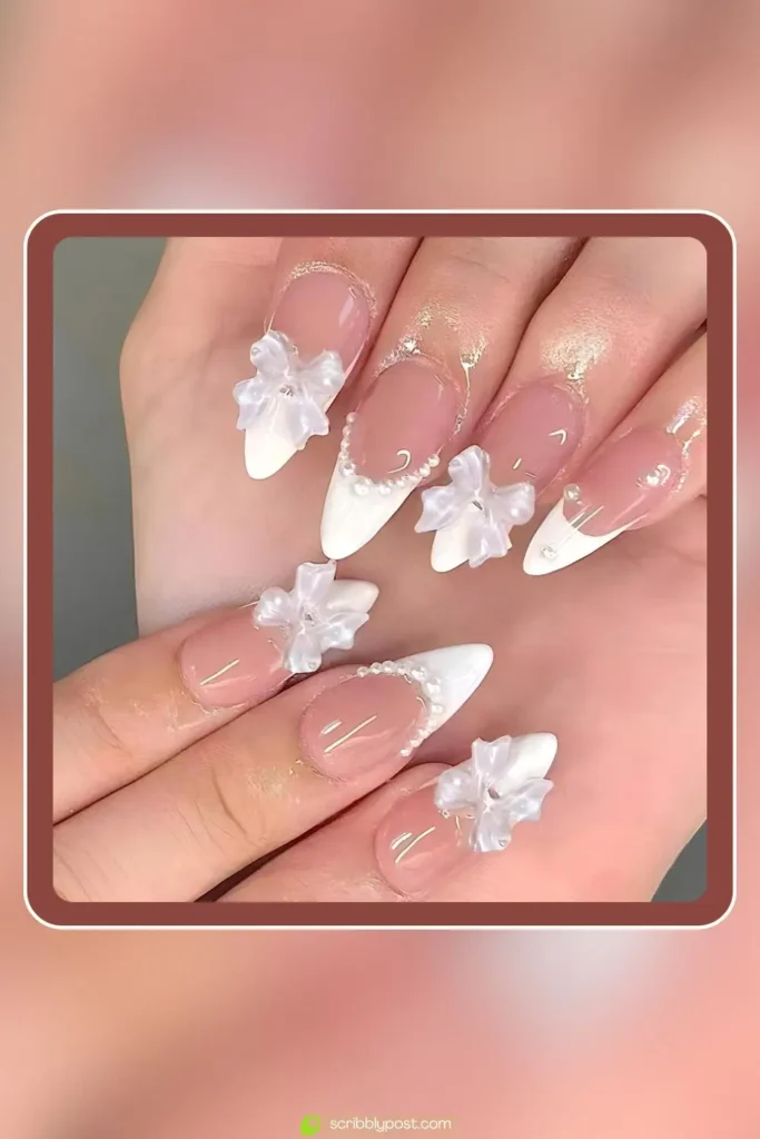 Bow Accent Press-On Nails Blush Milky Set