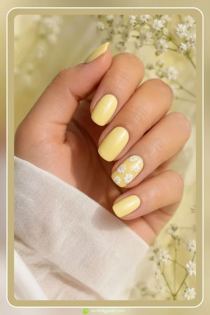 Butter Yellow with White Floral Nail Art