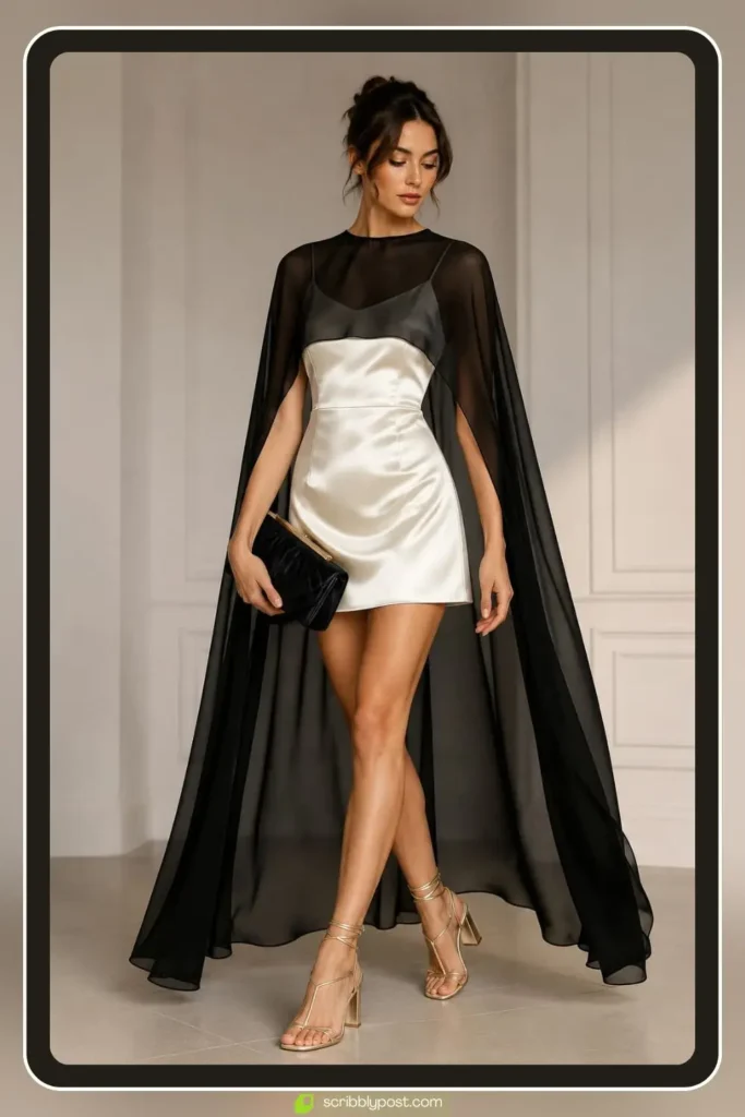 Black column gown with sheer cape sleeves flowing behind at a formal evening event