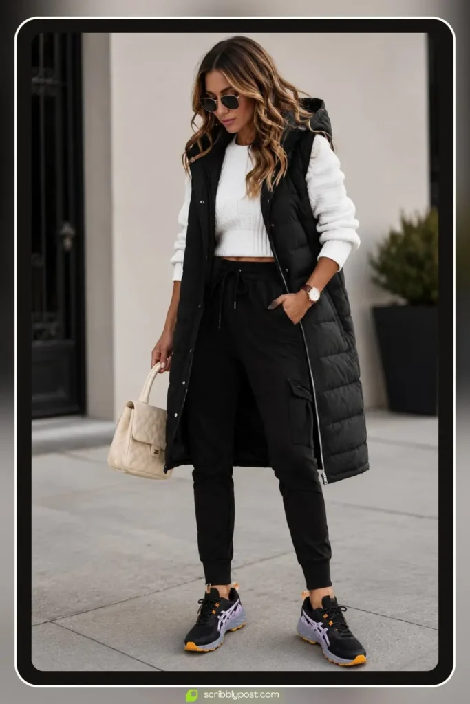 Cargo Joggers with a Longline Puffer Vest and Trail Sneakers