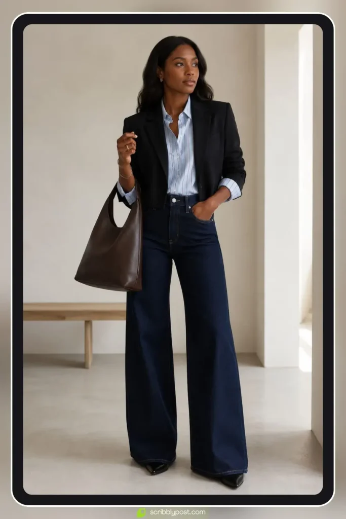 Casual brunch outfit with wide leg dark wash jeans, cropped blazer, and leather shoulder bag